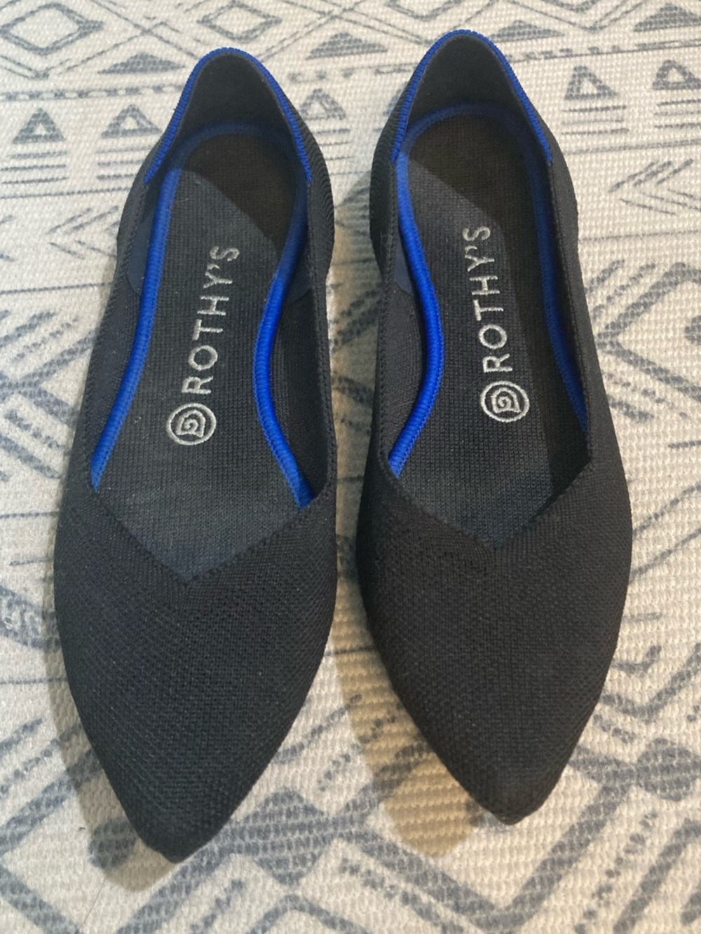 Rothys The Point Solid Black Blue Halo Ballet Flat Size 8